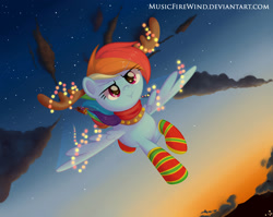 Size: 1920x1529 | Tagged: safe, artist:wavecipher, character:rainbow dash, species:pony, antlers, christmas, christmas lights, clothing, female, flying, holiday, mare, reindeer antlers, socks, solo, striped socks
