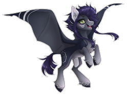 Size: 2268x1684 | Tagged: safe, artist:monogy, oc, oc only, oc:kama, species:bat pony, species:pegasus, species:pony, bat pony oc, bat wings, blush lines, blushing, chunky eyelashes, color outline, cute, cute little fangs, fangs, female, green eyes, lightly watermarked, mare, markings, open mouth, purple hair, simple background, smiling, solo, spread wings, teeth, transparent background, unshorn fetlocks, watermark, wings