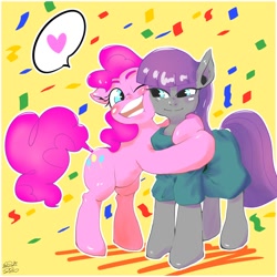 Size: 1000x1000 | Tagged: safe, artist:sozglitch, character:maud pie, character:pinkie pie, species:earth pony, species:pony, clothing, cute, diapinkes, dress, female, heart, hug, looking at each other, mare, maudabetes, pictogram, pie sisters, siblings, sisterly love, sisters, smiling, when she smiles