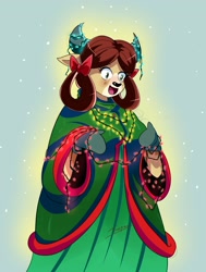 Size: 1539x2040 | Tagged: safe, artist:traupa, character:yona, species:anthro, species:yak, season 8, christmas, christmas lights, clothing, cute, female, holiday, open mouth, solo, yonadorable