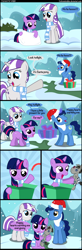 Size: 1000x3040 | Tagged: safe, artist:coltsteelstallion, character:night light, character:smarty pants, character:twilight sparkle, character:twilight velvet, beard, clothing, comic, facial hair, filly, hat, santa hat, scarf, snow, snowfall, tower of pimps