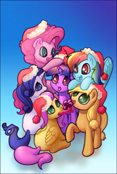 Size: 1822x2701 | Tagged: safe, artist:stratodraw, character:applejack, character:fluttershy, character:pinkie pie, character:rainbow dash, character:rarity, character:twilight sparkle, species:pony, christmas, clothing, cute, female, gradient background, hat, hnnng, holiday, mane six, mare, present, santa hat