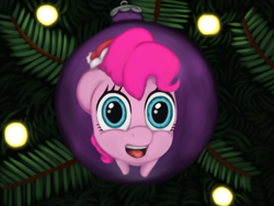 Size: 1920x1440 | Tagged: safe, artist:redquoz, character:pinkie pie, species:earth pony, species:pony, christmas, christmas tree, female, holiday, mare, ornaments, reflection, smiling, solo, tree