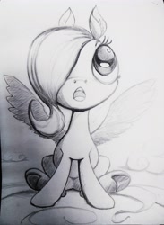 Size: 2863x3901 | Tagged: safe, artist:ponsce, character:fluttershy, species:pegasus, species:pony, female, filly, filly fluttershy, grayscale, hair over one eye, looking up, monochrome, open mouth, pencil drawing, sitting, solo, spread wings, traditional art, wings, younger