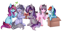 Size: 3000x1487 | Tagged: safe, artist:sketchyhowl, character:rainbow dash, oc, oc:rainbow kitty, oc:silver breeze, oc:sketchy howl, species:earth pony, species:pegasus, species:pony, species:unicorn, box, female, holly, holly mistaken for mistletoe, mare, pony in a box, present, simple background, transparent background