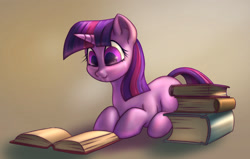 Size: 1811x1155 | Tagged: safe, artist:stratodraw, character:twilight sparkle, character:twilight sparkle (unicorn), species:pony, species:unicorn, book, cute, female, gradient background, mare, missing cutie mark, prone, reading, smiling, solo, twiabetes
