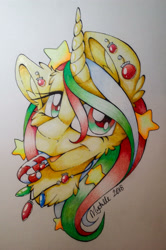 Size: 2120x3191 | Tagged: safe, artist:mychelle, oc, oc:deck the halls, species:pony, species:unicorn, bust, candy, candy cane, female, food, mare, portrait, solo, traditional art