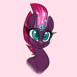 Size: 700x700 | Tagged: safe, artist:ponygoggles, character:fizzlepop berrytwist, character:tempest shadow, species:pony, species:unicorn, broken horn, bust, cute, eye scar, female, horn, looking at you, magic, mare, portrait, scar, simple background, sketch, smiling, solo, sparking horn, tempestbetes