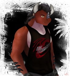 Size: 921x1000 | Tagged: safe, artist:mythos art, oc, species:anthro, barely pony related, concept art, horn, male, muscles, oc dragon, simple background, sleeveless, sleeveless shirt, solo