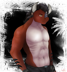 Size: 921x1000 | Tagged: safe, artist:mythos art, oc, oc:leroux, species:anthro, abs, barely pony related, clothing, concept art, horn, male, male nipples, muscles, nudity, oc dragon, partial nudity, pecs, red dragon, simple background, sleveless shirt, solo, topless