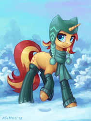 Size: 900x1200 | Tagged: safe, artist:asimos, character:sunset shimmer, species:pony, species:unicorn, clothing, cute, female, hat, leg warmers, lidded eyes, looking at you, mare, raised hoof, raised leg, scarf, shimmerbetes, smiling, snow, socks, solo