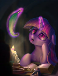 Size: 1882x2475 | Tagged: safe, artist:stratodraw, character:twilight sparkle, character:twilight sparkle (unicorn), species:pony, species:unicorn, candle, darkness, diary, female, fire, floppy ears, journal, levitation, magic, mare, open mouth, quill, solo, telekinesis, thinking