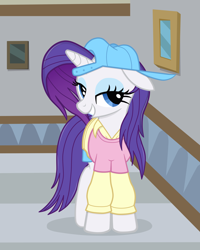Size: 2000x2500 | Tagged: safe, artist:tabrony23, character:rarity, species:pony, species:unicorn, episode:friendship university, g4, my little pony: friendship is magic, alternate hairstyle, backwards ballcap, baseball cap, cap, clothing, disguise, female, floppy ears, hat, mare, plainity, smiling, solo