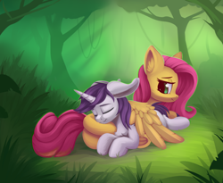Size: 3000x2464 | Tagged: safe, artist:anti1mozg, character:fluttershy, oc, oc:lapush buns, species:pegasus, species:pony, species:unicorn, bunny ears, bunnycorn, butt pillow, canon x oc, commission, female, forest, grass, male, nature, outdoors, prone, resting, shining, sleeping, smiling, straight, tree, wings