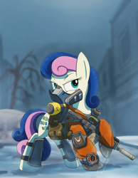 Size: 1056x1364 | Tagged: safe, artist:buckweiser, character:bon bon, character:sweetie drops, species:earth pony, species:pony, bon bond, clothing, dark zone, female, kriss vector, mare, mask, respirator, snow, snowfall, submachinegun, suppressor, the division, tom clancy's the division, watch