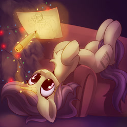 Size: 3000x3000 | Tagged: safe, artist:anti1mozg, oc, oc only, oc:lavrushka, species:pony, species:unicorn, chest fluff, christmas, christmas lights, christmas tree, couch, cute, female, glowing horn, high res, holiday, magic, mare, smiling, solo, telekinesis, tree