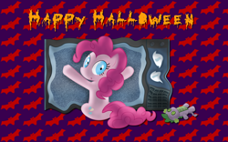 Size: 2560x1600 | Tagged: safe, artist:alicehumansacrifice0, artist:felix-kot, edit, character:pinkie pie, species:pony, halloween, happy halloween, holiday, spike plushie, television, text, vector, wallpaper, wallpaper edit