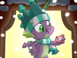 Size: 2732x2048 | Tagged: safe, artist:justsomepainter11, character:spike, species:dragon, episode:best gift ever, g4, my little pony: friendship is magic, clothing, cookie, cute, food, hat, it's a pony kind of christmas, jolly ol saint nicholas, jolly ol saint nick, male, open mouth, santa claus, scarf, singing, snow, solo, song, song reference, spikabetes, stocking cap, winged spike