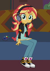 Size: 2800x4000 | Tagged: safe, artist:tabrony23, character:sunset shimmer, episode:game stream, g4, my little pony: equestria girls, my little pony:equestria girls, spoiler:eqg series (season 2), clothing, controller, converse, couch, cute, female, gamer sunset, headphones, jacket, looking at you, pants, shoes, sitting, smiling, sneakers, solo