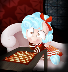 Size: 1463x1558 | Tagged: safe, artist:andromedasparkz, character:cozy glow, species:pegasus, species:pony, checkmate, chess, couch, creepy, creepy smile, female, filly, implied anon, offscreen character, pure concentrated unfiltered evil of the utmost potency, smiling, tartan
