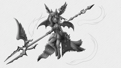 Size: 5760x3240 | Tagged: safe, artist:shamziwhite, oc, oc:kuro, species:anthro, species:bat pony, bat pony oc, black and white, brave frontier, broken horn, clothing, female, flying, grayscale, horn, melee weapon, monochrome, sketch, solo, weapon, wip
