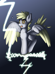 Size: 768x1024 | Tagged: safe, artist:redquoz, character:derpy hooves, species:pony, alternate design, bird pone, bird tail, electrocution, gradient background, lightning, shocked expression, squawk, two toned wings, weather vane