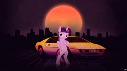 Size: 1920x1080 | Tagged: safe, artist:antylavx, artist:uponia, character:twilight sparkle, character:twilight sparkle (alicorn), species:alicorn, species:pony, bipedal, car, city, cityscape, crossed hooves, female, lotus esprit, moon, night, retro, smiling, solo, wallpaper