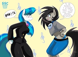 Size: 2040x1488 | Tagged: safe, artist:traupa, character:dj pon-3, character:octavia melody, character:vinyl scratch, species:anthro, species:pony, alternate hairstyle, blue underwear, clothes swap, clothing, dialogue, female, headphones, looking at each other, mane swap, mare, midriff, panties, pants, rocktavia, short shirt, smiling, speech bubble, ssc, sudden style change, suit, thong, underwear, vinyl class