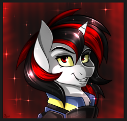 Size: 700x666 | Tagged: safe, artist:derpsonhooves, part of a set, oc, oc:blackjack, species:pony, species:unicorn, fallout equestria, fallout equestria: project horizons, 2017, abstract background, bust, clothing, fanfic art, portrait, security guard, smiling, solo, vault suit