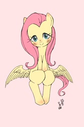 Size: 1200x1800 | Tagged: safe, artist:yanamosuda, character:fluttershy, species:pegasus, species:pony, blushing, cute, female, looking at you, mare, shyabetes, simple background, smiling, solo