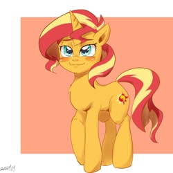 Size: 1000x1000 | Tagged: safe, artist:sozglitch, character:sunset shimmer, species:pony, species:unicorn, blushing, cute, female, mare, shimmerbetes, smiling, solo