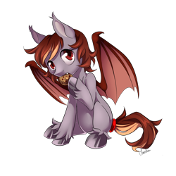 Size: 900x900 | Tagged: safe, artist:moenkin, oc, oc only, oc:pepper zest, parent:oc:savory zest, parent:oc:scarlet quill, parents:oc x oc, species:bat pony, species:pony, bat pony oc, commission, cookie, eating, fangs, female, filly, food, gift art, offspring, parents:scarlory, simple background, solo, transparent background