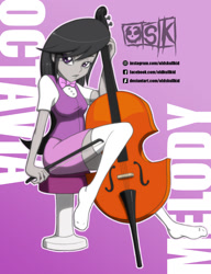 Size: 1128x1468 | Tagged: safe, artist:oldskullkid, character:octavia melody, my little pony:equestria girls, bow, bow tie, cello, clothing, female, looking at you, missing shoes, musical instrument, sitting, skirt, socks, solo, thigh highs