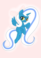 Size: 2039x2894 | Tagged: safe, artist:riofluttershy, oc, oc only, oc:fleurbelle, species:alicorn, species:pony, adorabelle, alicorn oc, big mane, blue coat, blushing, bow, clothing, cute, eyelashes, female, flying, hair bow, mare, pink background, simple background, solo, spread wings, wings, yellow eyes