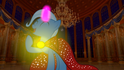 Size: 4623x2610 | Tagged: safe, artist:disneymarvel96, character:trixie, species:pony, beauty and the beast, brooch, cape, chandelier, clothing, column, disney, glowing horn