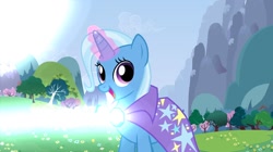 Size: 1332x748 | Tagged: safe, artist:disneymarvel96, character:trixie, species:pony, brooch, cape, clasp, clothing, cute, diatrixes, gem, glow, magic blast, smiling, trixie's cape, trixie's glowing brooch, what could possibly go wrong