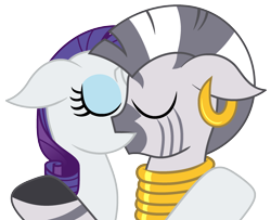 Size: 2620x2128 | Tagged: safe, artist:diamond-chiva, character:rarity, character:zecora, species:pony, species:unicorn, species:zebra, ship:raricora, ear piercing, earring, eyes closed, eyeshadow, female, french kiss, hug, interspecies, jewelry, kissing, lesbian, makeup, mare, neck rings, piercing, shipping, simple background, transparent background