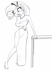 Size: 2270x3108 | Tagged: safe, artist:stammis, character:rarity, species:human, big breasts, breasts, busty rarity, clothing, dress, female, high heels, humanized, monochrome, shoes, side slit, solo