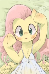 Size: 1200x1800 | Tagged: safe, artist:yanamosuda, character:fluttershy, species:pegasus, species:pony, blushing, butt wings, clothing, cute, dress, female, mare, on back, open mouth, shyabetes, solo, spread wings, underhoof, white dress, wings