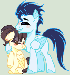 Size: 1102x1174 | Tagged: safe, artist:nocturnal-moonlight, character:soarin', oc, parent:soarin', parent:spitfire, parents:soarinfire, species:pegasus, species:pony, father and daughter, female, hooves, hug, male, mare, offspring, simple background