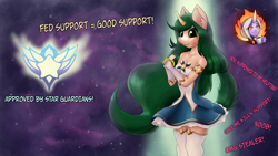 Size: 1920x1080 | Tagged: safe, artist:shamziwhite, species:anthro, anthrofied, banana, breasts, clothing, cute, eating, female, food, gloves, happy, league of legends, lol, long gloves, long hair, miniskirt, ponified, skirt, small breasts, smiling, soraka, standing, star guardian, stockings, text, thigh highs