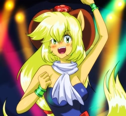 Size: 1350x1240 | Tagged: safe, artist:traupa, character:applejack, equestria girls:equestria girls, g4, my little pony: equestria girls, my little pony:equestria girls, applejack's hat, armpits, bare shoulders, blushing, clothing, cowboy hat, female, hat, open mouth, ponied up, sleeveless, solo, strapless