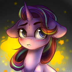 Size: 729x727 | Tagged: safe, artist:falafeljake, character:starlight glimmer, species:pony, species:unicorn, g4, abstract background, blushing, bust, cute, ear fluff, eye clipping through hair, eyebrows, female, floppy ears, fluffy, glimmerbetes, glow, lip bite, looking at you, mare, portrait, signature, sitting, solo, stars