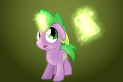 Size: 1800x1200 | Tagged: safe, artist:andromedasparkz, character:spike, species:pony, species:unicorn, colt, magic, magic aura, male, open mouth, ponified, ponified spike, scroll, solo, species swap, thinking