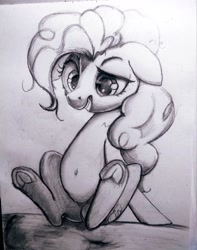 Size: 2838x3608 | Tagged: safe, artist:ponsce, character:pinkie pie, species:earth pony, species:pony, belly button, female, floppy ears, frog (hoof), hoofbutt, mare, solo, traditional art, underhoof