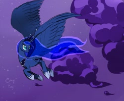 Size: 1225x1000 | Tagged: safe, artist:celerypony, character:princess luna, species:alicorn, species:pony, g4, cloud, cloudy, female, flying, looking back, mare, night, paint tool sai, solo, stars, windswept mane
