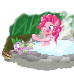 Size: 4500x4500 | Tagged: safe, artist:yinglongfujun, character:pinkie pie, character:spike, species:dragon, species:earth pony, species:pony, ship:pinkiespike, absurd resolution, female, male, mare, one eye closed, onsen, open mouth, pig nose, piggie pie, shipping, simple background, straight, tail, tail hold, tail pull, transparent background, water, winged spike