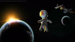 Size: 1280x720 | Tagged: safe, artist:wavecipher, character:rainbow dash, species:pony, astronaut, female, floating, lost, moon, planet, satellite, solo, space, space suit, stars, sun