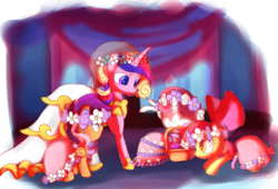 Size: 1701x1157 | Tagged: safe, artist:andromedasparkz, character:apple bloom, character:princess cadance, character:scootaloo, character:sweetie belle, species:alicorn, species:earth pony, species:pegasus, species:pony, species:unicorn, episode:a canterlot wedding, g4, my little pony: friendship is magic, bride, clothing, cutie mark crusaders, dress, female, filly, floral head wreath, flower, flower filly, flower girl, flower girl dress, marriage, smiling, wedding, wedding dress, wedding veil