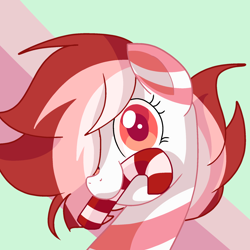 Size: 2000x2000 | Tagged: safe, artist:andromedasparkz, oc, oc only, oc:peppermint sweet (ice1517), species:earth pony, species:pony, candy, candy cane, cute, female, food, hair over one eye, mare, markings, mouth hold, ocbetes